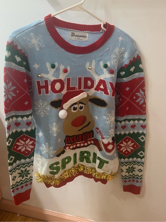 No Boundaries Sweaters - No Boundaries Reindeer Light Blue Sweater with Red Trim S NWT